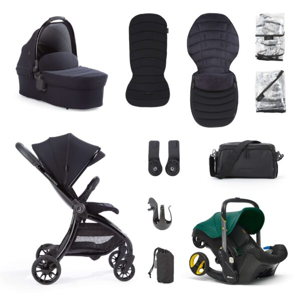 Junior Jones Aylo Rich Black 11pc Travel System inc Doona Racing Green Car Seat