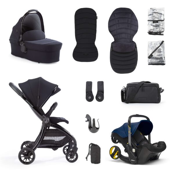 Junior Jones Aylo Rich Black 11pc Travel System inc Doona Royal Blue Car Seat